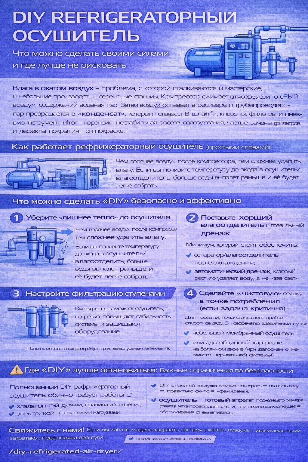 Инфографика «DIY Refrigerated Air Dryer»: объясняет, как безопасно уменьшить влагу в сжатом воздухе своими силами (предварительное охлаждение/aftercooler, влагоотделитель и правильный дренаж, ступенчатая фильтрация, “чистовая” осушка на точке потребления) и где лучше не рисковать при попытках собрать полноценный рефрижераторный осушитель с холодильным контуром.