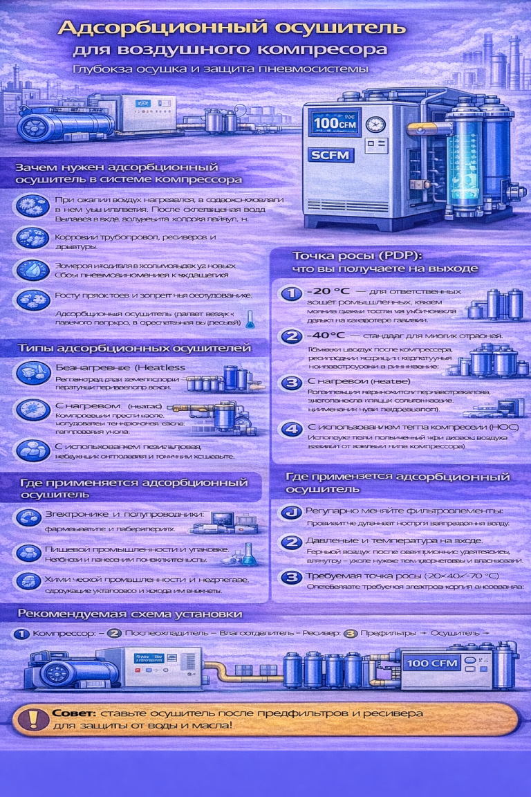 Инфографика «Адсорбционный осушитель для воздушного компрессора»: объясняет, зачем нужен десикантный осушитель (защита от коррозии, замерзания влаги и брака), какие точки росы (PDP −20/−40/−70 °C) можно получить, типы осушителей (безнагревный Heatless, с нагревом Heated, с использованием тепла компрессии HOC), где применяется (электроника, фармацевтика, пищевая промышленность, покраска), основные критерии выбора и рекомендуемую схему установки: компрессор → послеохладитель/влагоотделитель → ресивер → предфильтры → адсорбционный осушитель → потребители.