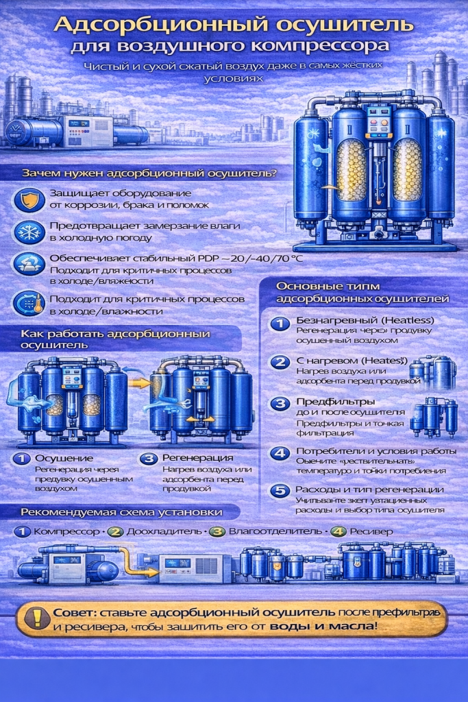 Инфографика об адсорбционном осушителе для воздушного компрессора: зачем нужен (защита от конденсата, коррозии и замерзания), принцип работы с двумя колоннами и регенерацией, варианты точки росы −20/−40/−70°C, типы (heatless/heated/HOC), чек-лист выбора и рекомендуемая схема установки в системе с фильтрами и тонкой фильтрацией.