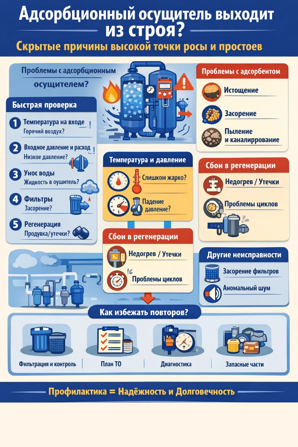 Инфографика по устранению неисправностей адсорбционного осушителя: быстрый чек-лист, причины и решения (адсорбент, температура/давление на входе, регенерация) и советы по профилактике.