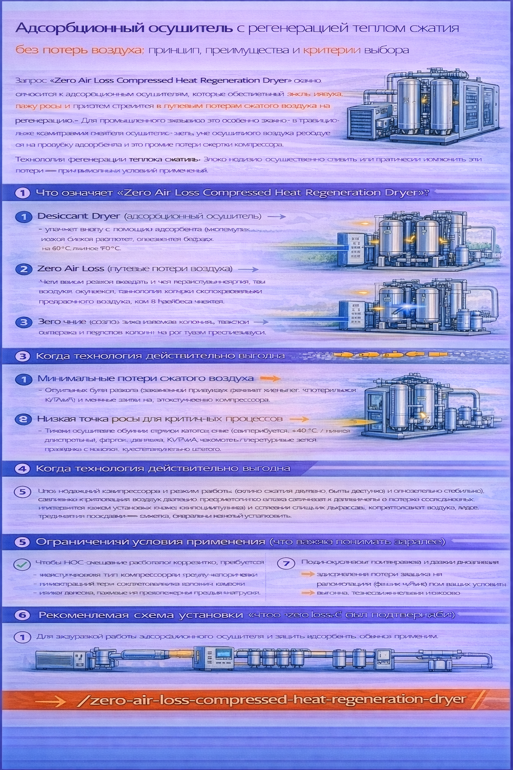 Инфографика на русском языке «Адсорбционный осушитель с регенерацией теплом сжатия без потерь воздуха: принцип, преимущества и критерии выбора» объясняет, что Zero Air Loss Compressed Heat Regeneration Dryer (HOC) — это адсорбционный осушитель, который использует тепло сжатия для регенерации адсорбента и тем самым минимизирует (практически исключает) потери сжатого воздуха на продувку по сравнению с heatless-схемами. В блоках показано: что означает термин (desiccant dryer + compressed heat regeneration + zero air loss), как работает двухколонная схема (осушка в одной колонне → регенерация второй горячим воздухом → переключение), и какие преимущества получает промышленный заказчик: минимальные потери воздуха/энергии, низкая точка росы для критичных процессов (например, −40 °C и ниже), лучшая экономика при больших расходах и длительной работе. Отдельно перечислены условия применения и ограничения (тип компрессора, стабильность режима, требования к подготовке воздуха и фильтрации) и приведена рекомендуемая схема установки с послеохладителем, влагоотделителем, ресивером и предфильтрами. Внизу указан