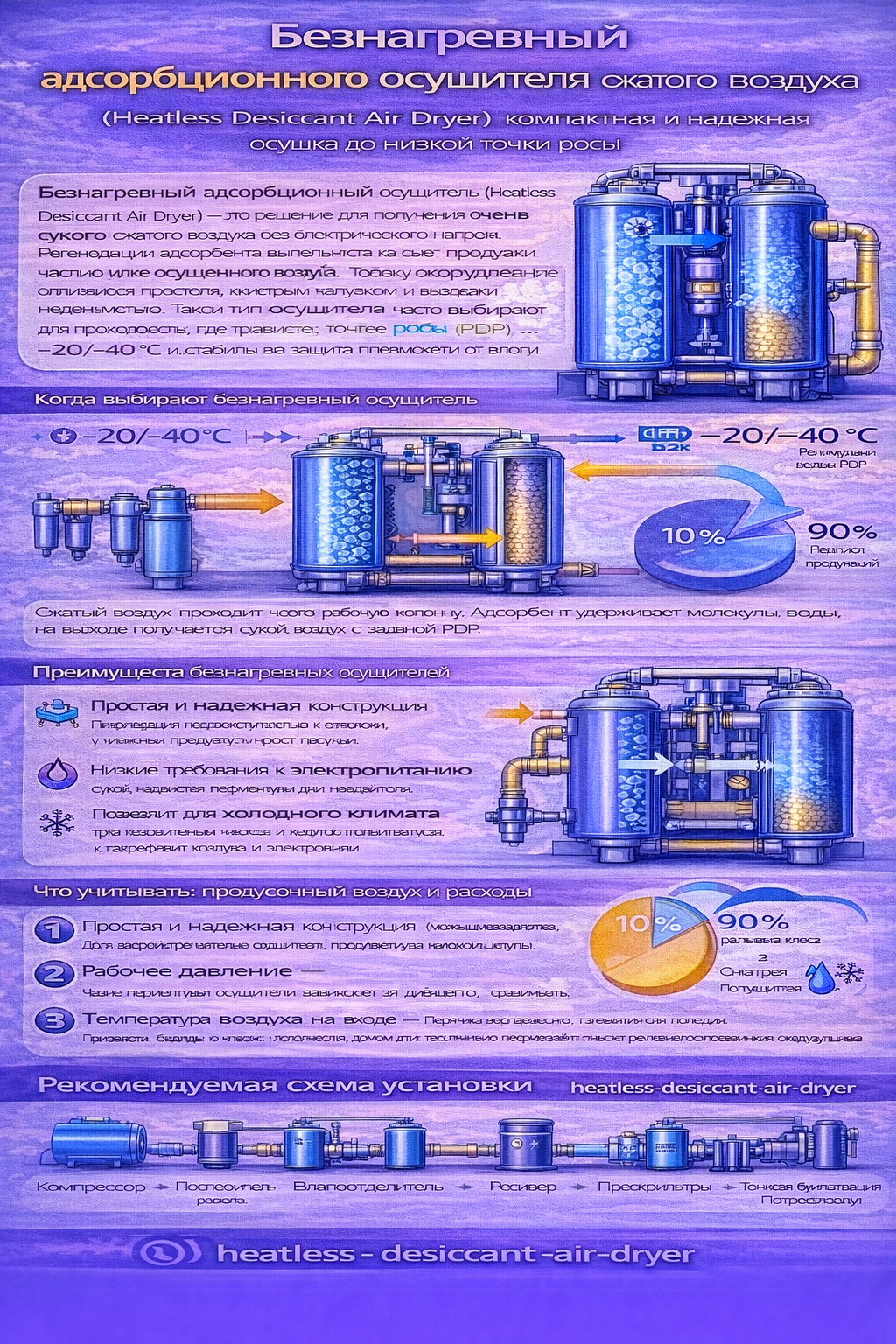 Инфографика «Безнагревный адсорбционный осушитель сжатого воздуха (Heatless Desiccant Air Dryer)»: объясняет принцип работы двухколонного осушителя (осушка в одной колонне и регенерация продувкой сухим воздухом во второй), указывает типичную точку росы PDP −20/−40 °C, показывает преимущества (простая и надёжная конструкция, низкие требования к электропитанию, подходит для холодного климата) и напоминает об особенности — расходе продувочного воздуха; внизу приведена рекомендуемая схема установки: компрессор → послеохладитель → влагоотделитель → ресивер → предфильтры → осушитель → тонкая фильтрация → потребители.