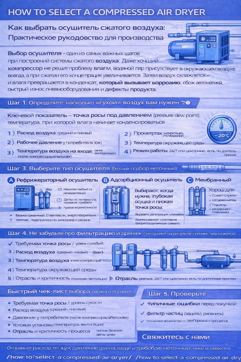 Инфографика «How to Select a Compressed Air Dryer»: пошаговое руководство по выбору осушителя сжатого воздуха — определение требуемой точки росы (pressure dew point), сбор исходных параметров (расход, давление, температура на входе, условия установки, режим работы), сравнение типов осушителей (рефрижераторный, адсорбционный, мембранный), важность фильтрации и дренажа, типичные ошибки при покупке и быстрый чек-лист для подбора.