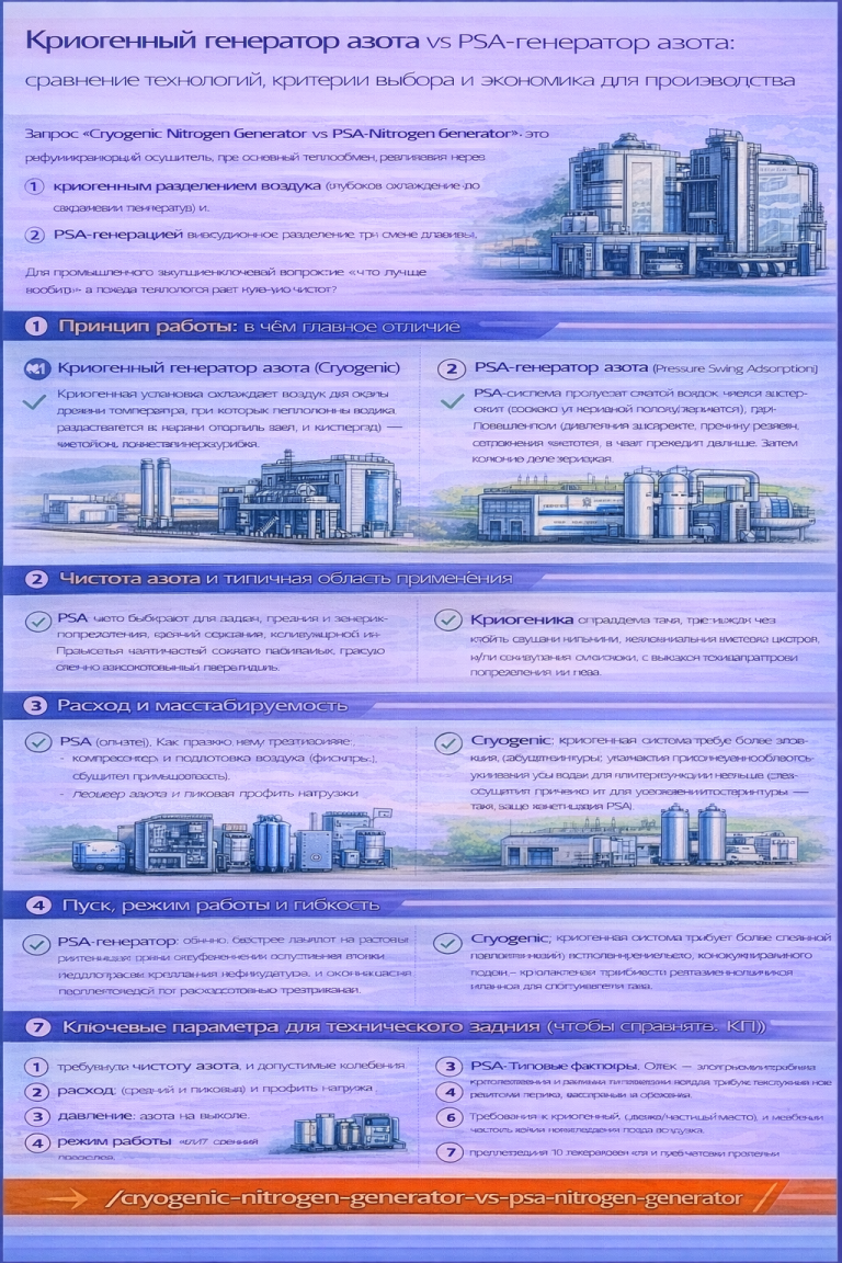 Инфографика на русском языке «Криогенный генератор азота vs PSA-генератор азота: сравнение технологий, критерии выбора и экономика для производства» сравнивает два способа получения азота: криогенное разделение воздуха (глубокое охлаждение) и PSA-генерацию (адсорбционное разделение при смене давления). В разделах показаны ключевые различия по принципу работы, требуемой инфраструктуре, пуску и гибкости, типичным областям применения, а также по масштабируемости и экономике владения (CAPEX/OPEX). Отдельно выделено, что PSA обычно выбирают для on-site генерации и гибкости, а криогенику — при очень больших и стабильных объёмах, высоких требованиях и/или необходимости жидкого азота. Внизу приведён список параметров для техзадания: требуемая чистота, средний/пиковый расход и профиль нагрузки, давление на выходе, режим работы, требования к качеству газа и условия площадки. Указан