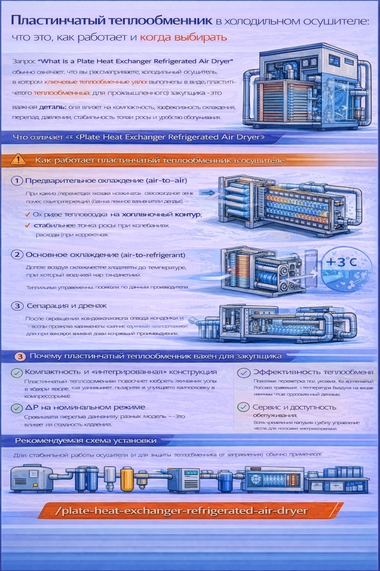 Инфографика на русском языке «Пластинчатый теплообменник в холодильном осушителе: что это, как работает и когда выбирать» поясняет, что Plate Heat Exchanger Refrigerated Air Dryer — это холодильный осушитель, в котором ключевые теплообменные узлы выполнены в виде пластинчатого теплообменника, что влияет на компактность, эффективность охлаждения, перепад давления и стабильность точки росы. По шагам показан принцип работы: предварительное охлаждение (air-to-air), основное охлаждение (air-to-refrigerant) с типовой точкой росы около +3 °C, затем сепарация конденсата и дренаж. Отдельным блоком перечислено, почему это важно для закупщика: компактная «интегрированная» конструкция, контроль ΔP на номинальном режиме, эффективность теплообмена и удобство обслуживания. Внизу показана рекомендуемая схема установки (компрессор → послеохладитель → влагоотделитель → ресивер → предфильтры → осушитель → послефильтр → потребители) и указан
