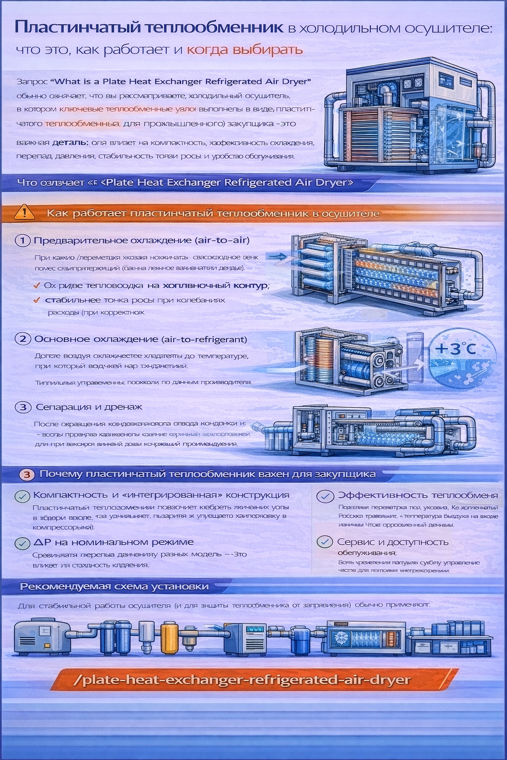 Инфографика на русском языке «Пластинчатый теплообменник в холодильном осушителе: что это, как работает и когда выбирать» поясняет, что Plate Heat Exchanger Refrigerated Air Dryer — это холодильный осушитель, в котором ключевые теплообменные узлы выполнены в виде пластинчатого теплообменника, что влияет на компактность, эффективность охлаждения, перепад давления и стабильность точки росы. По шагам показан принцип работы: предварительное охлаждение (air-to-air), основное охлаждение (air-to-refrigerant) с типовой точкой росы около +3 °C, затем сепарация конденсата и дренаж. Отдельным блоком перечислено, почему это важно для закупщика: компактная «интегрированная» конструкция, контроль ΔP на номинальном режиме, эффективность теплообмена и удобство обслуживания. Внизу показана рекомендуемая схема установки (компрессор → послеохладитель → влагоотделитель → ресивер → предфильтры → осушитель → послефильтр → потребители) и указан