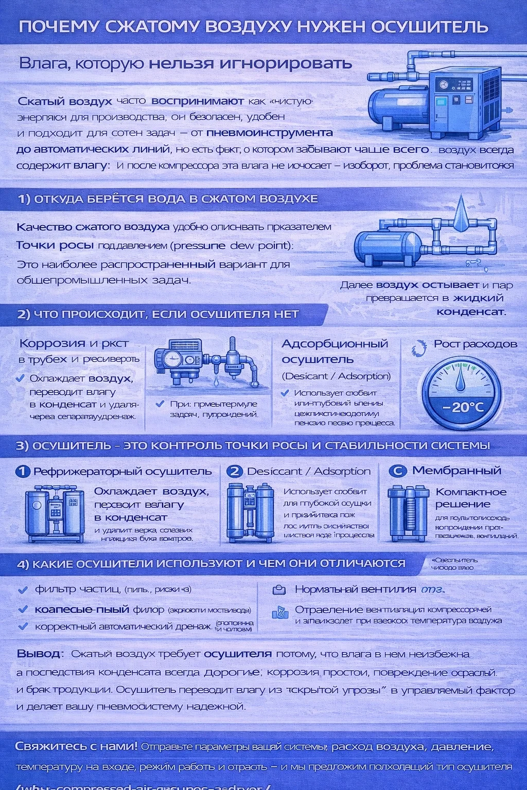 Инфографика «Почему сжатому воздуху нужен осушитель»: объясняет, откуда берётся вода в сжатом воздухе (влага и конденсат при охлаждении), что происходит без осушителя (коррозия, повреждение оборудования, рост расходов), как осушитель контролирует точку росы и стабильность системы, какие типы осушителей применяют (рефрижераторный, адсорбционный, мембранный), а также подчёркивает важность фильтрации, правильного дренажа и вентиляции компрессорной.