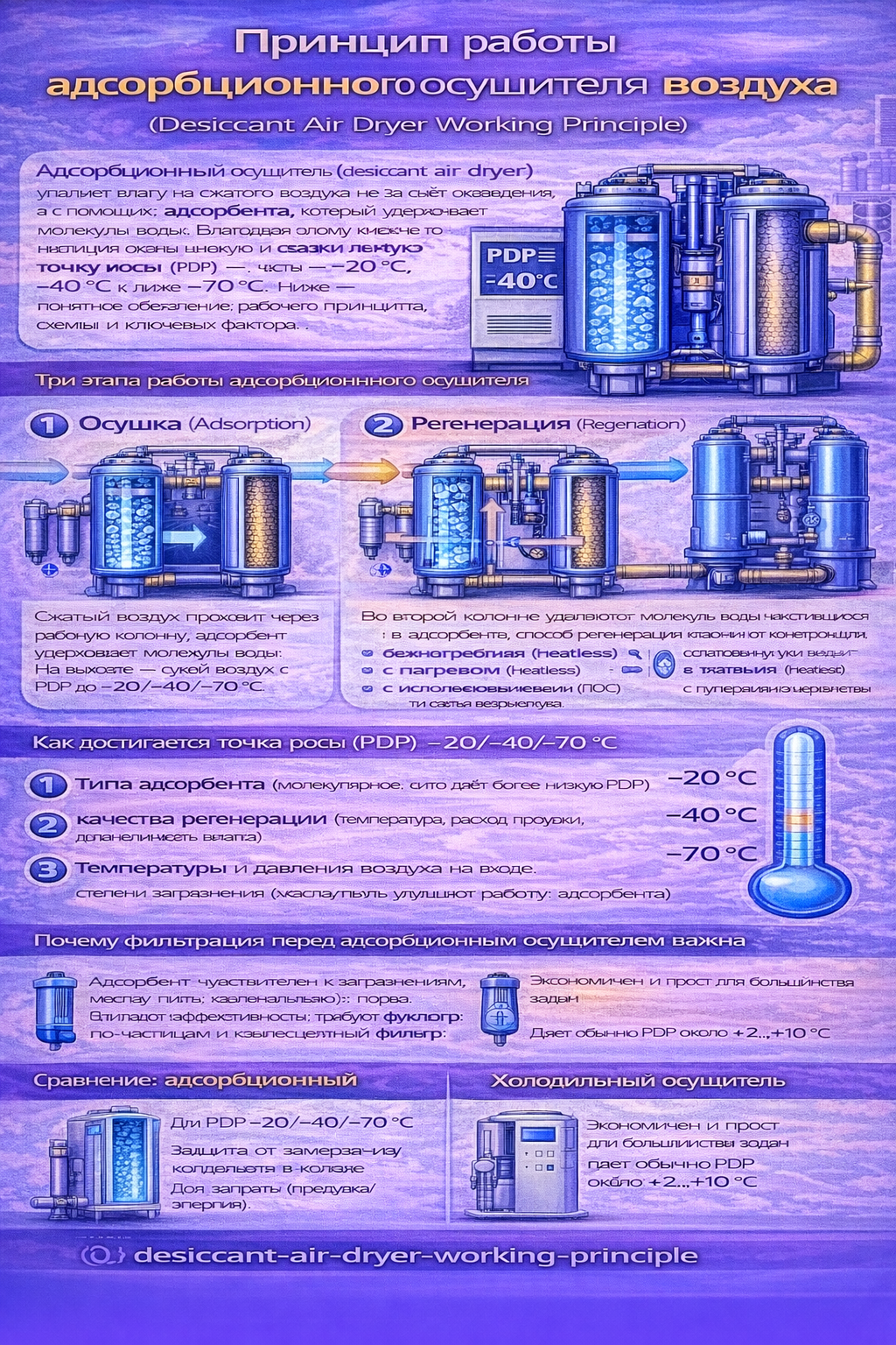 Инфографика «Принцип работы адсорбционного осушителя воздуха»: объясняет, что осушка происходит за счёт адсорбента, а не охлаждения; показывает узлы двухколонного осушителя и три этапа цикла — 1) осушка (adsorption), 2) регенерация (regeneration) разными способами (безнагревная/с нагревом/с использованием тепла компрессии), 3) переключение колонн; перечисляет факторы, влияющие на точку росы PDP (тип адсорбента, качество регенерации, температура и давление на входе, загрязнения), подчёркивает важность предварительной фильтрации и сравнивает адсорбционный и холодильный осушители по уровню PDP и типичным применениям.