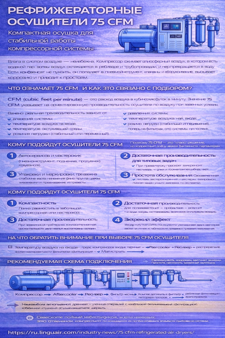 Инфографика «Рефрижераторные осушители 75 CFM»: объясняет, что означает производительность 75 CFM и от чего зависит реальный расход (давление, температура на входе, температура окружающей среды, режим нагрузки и потери в системе), показывает принцип работы рефрижераторного осушителя (охлаждение → конденсация → сепарация → дренаж), перечисляет типовые применения (мастерские/автосервисы, небольшие производственные участки, упаковка и маркировка, металлообработка, покрасочные работы) и даёт чек-лист выбора (aftercooler, фильтрация до осушителя, надёжный автоматический дренаж, запас по расходу, условия установки), включая полную ссылку на статью.