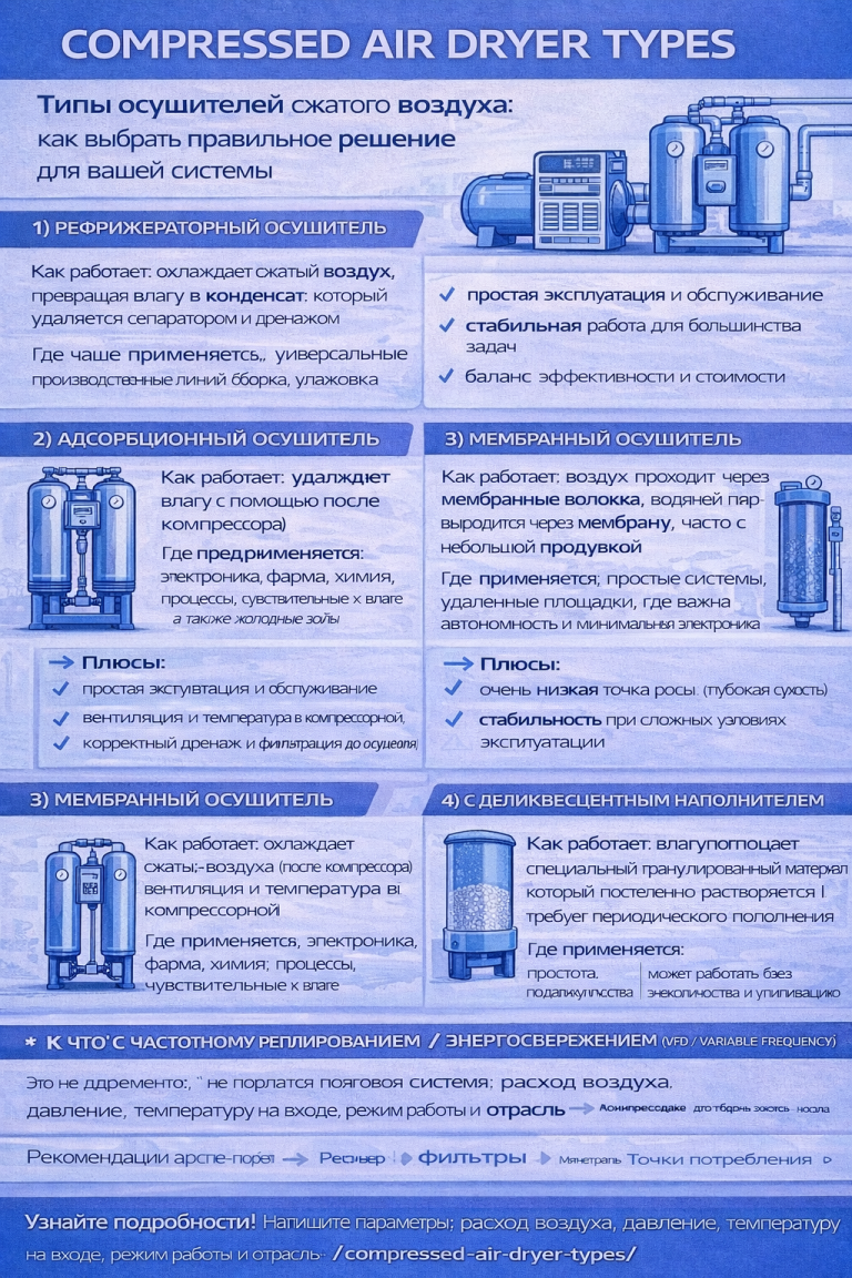 Инфографика «Compressed Air Dryer Types»: сравнение типов осушителей сжатого воздуха — рефрижераторный, адсорбционный, мембранный и деликвесцентный; для каждого показаны принцип работы, области применения, основные плюсы и ключевые замечания, а также краткий алгоритм выбора по расходу, давлению, температуре на входе и требованиям к сухости.