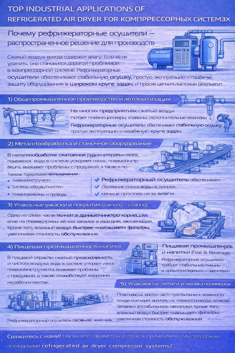 Инфографика «Top Industrial Applications of Refrigerated Air Dryer for Compressor Systems»: перечисляет ключевые промышленные применения рефрижераторных осушителей в компрессорных системах — общепром и автоматизация, металлообработка и станочное оборудование, упаковка, покраска/покрытия, пищевая промышленность и напитки, автомобилестроение и сборка, пластмассы/литьё и упаковка полимеров — и объясняет, что осушитель снижает риск влаги, коррозии и простоев, обеспечивая стабильную работу пневмосети.