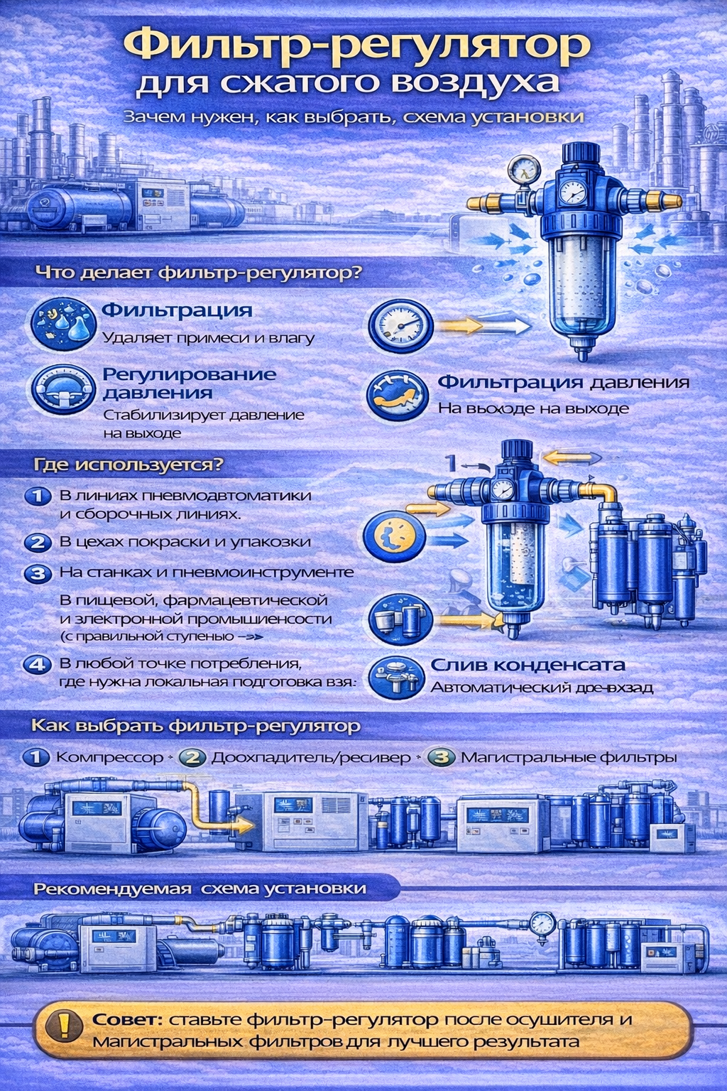 Инфографика «Фильтр-регулятор для сжатого воздуха»: показывает функции узла (фильтрация примесей и влаги, стабилизация давления), области применения, подсказки по выбору (расход, давление, степень фильтрации, дренаж) и рекомендуемую схему установки в пневмосистеме с компрессором, ресивером, магистральными фильтрами, осушителем и точкой потребления.