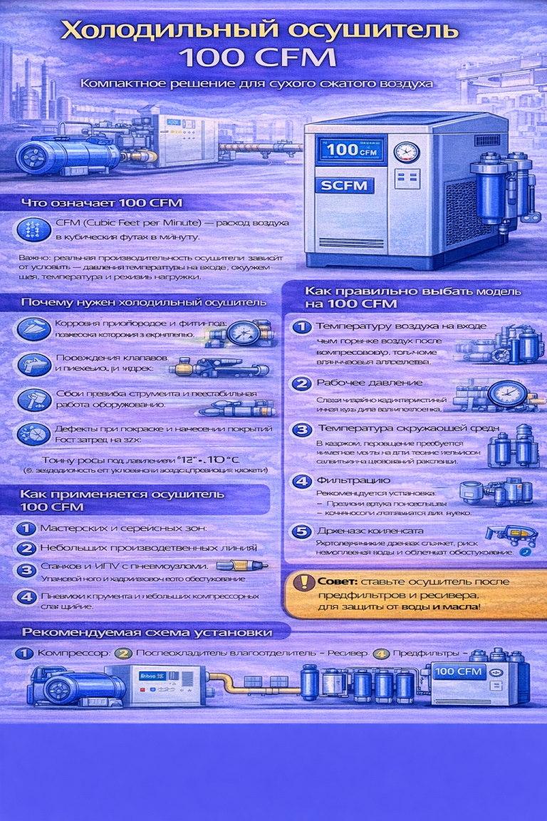 Инфографика «Холодильный осушитель 100 CFM»: объясняет, что означает 100 CFM, почему осушение нужно (коррозия, поломки клапанов и инструмента, дефекты покраски), как работает refrigerated air dryer (охлаждение, конденсация и слив через дренаж), где применяется (мастерские, небольшие линии, станки/ЧПУ), критерии выбора (температура на входе, давление, условия среды, фильтрация, дренаж) и рекомендуемую схему установки: компрессор → послеохладитель/влагоотделитель → ресивер → предфильтры → осушитель → потребители.