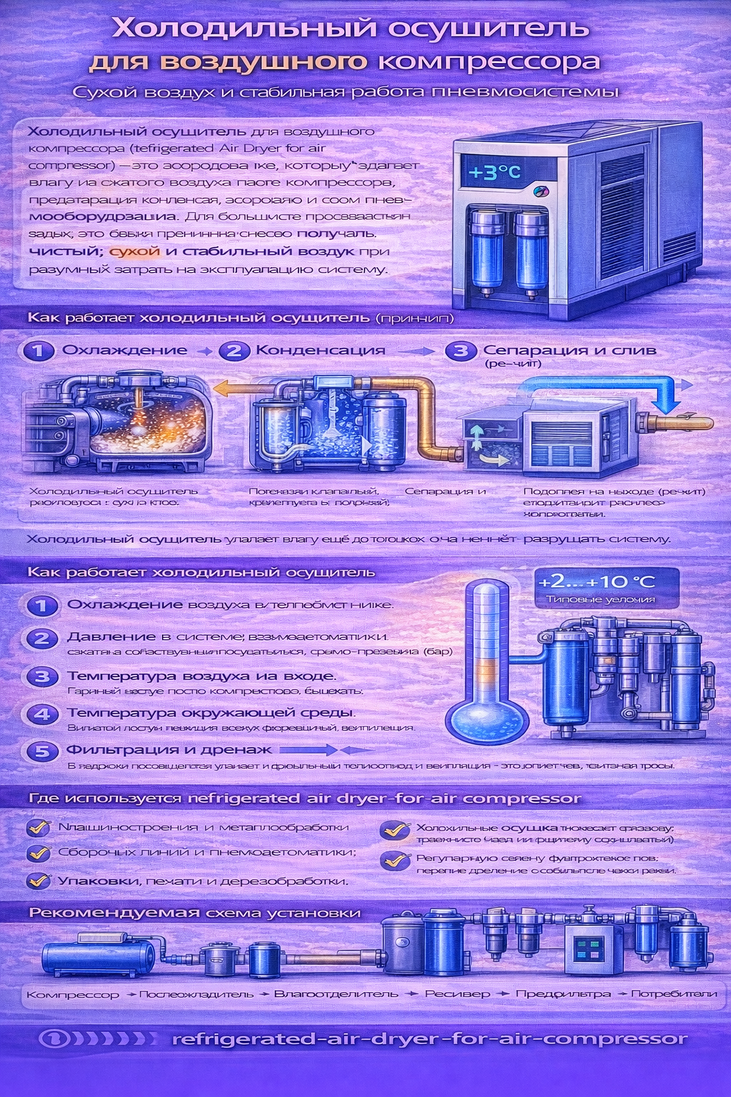 Инфографика «Холодильный осушитель для воздушного компрессора»: кратко объясняет, зачем удалять влагу после компрессора (предотвращение конденсата, коррозии и сбоев), показывает принцип работы в 3–4 шага (охлаждение → конденсация → сепарация и слив → подогрев на выходе), указывает типичную точку росы +2…+10 °C, перечисляет основные области применения и преимущества, а также демонстрирует рекомендуемую схему установки в системе с компрессором, послеохладителем, влагоотделителем, ресивером, фильтрами и осушителем.