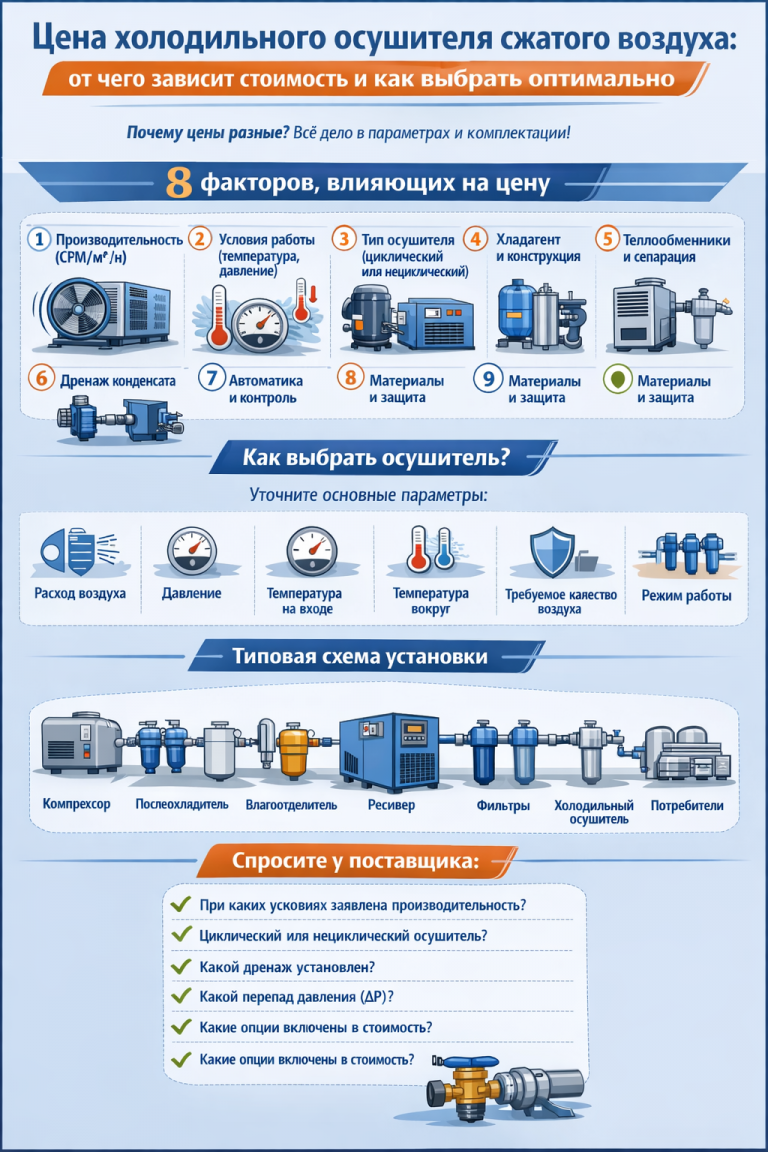 Infographic (Russian) on refrigerated compressed air dryer price—8 key cost drivers, a selection checklist (flow, pressure, inlet/ambient temperature, air quality, duty cycle), a typical installation flow diagram, and supplier questions for transparent quotes.