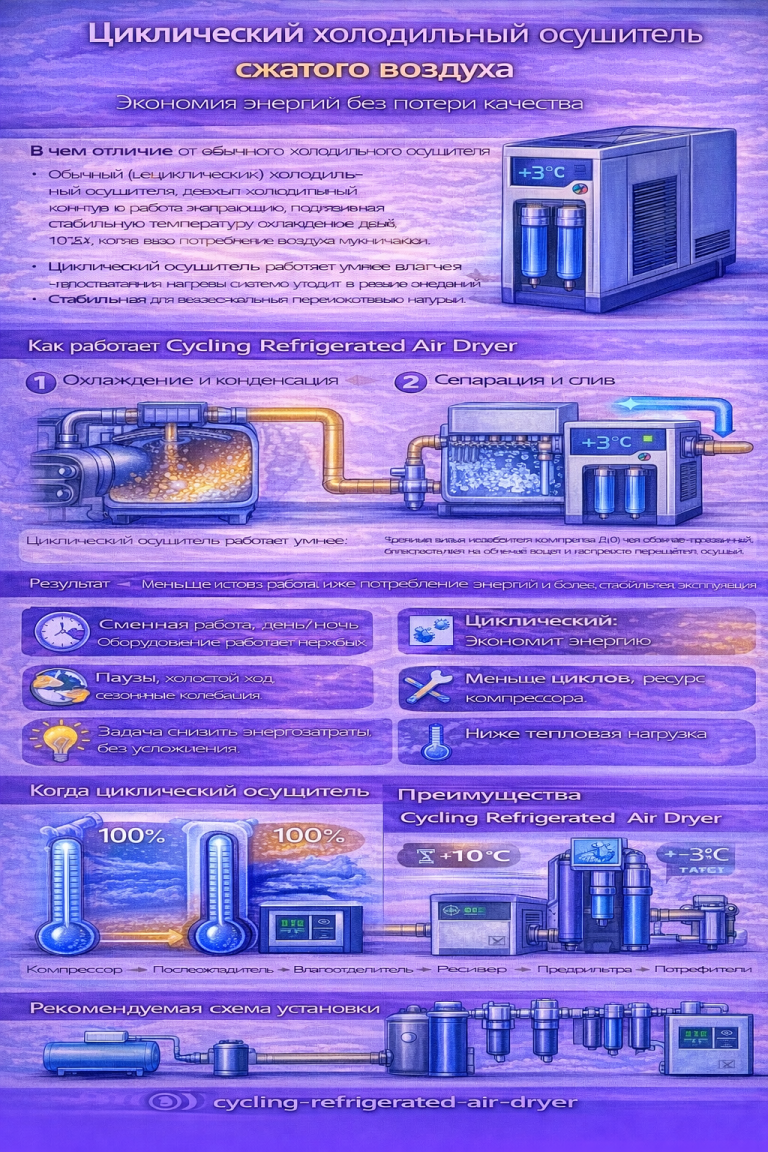 Инфографика «Циклический холодильный осушитель воздуха»: объясняет, что режим cycling включает холодильный контур только по потребности (пауза при малой нагрузке и запуск при росте расхода), показывает преимущества по энергосбережению и снижению тепловой нагрузки, иллюстрирует 4 шага работы (охлаждение → конденсация → сепарация и слив → автозапуск), перечисляет ситуации максимальной выгоды (сменная работа, простои, сезонные колебания), даёт короткое сравнение с нециклическим осушителем и показывает рекомендуемую схему установки в системе с компрессором, послеохладителем, влагоотделителем, ресивером, фильтрами и циклическим осушителем.