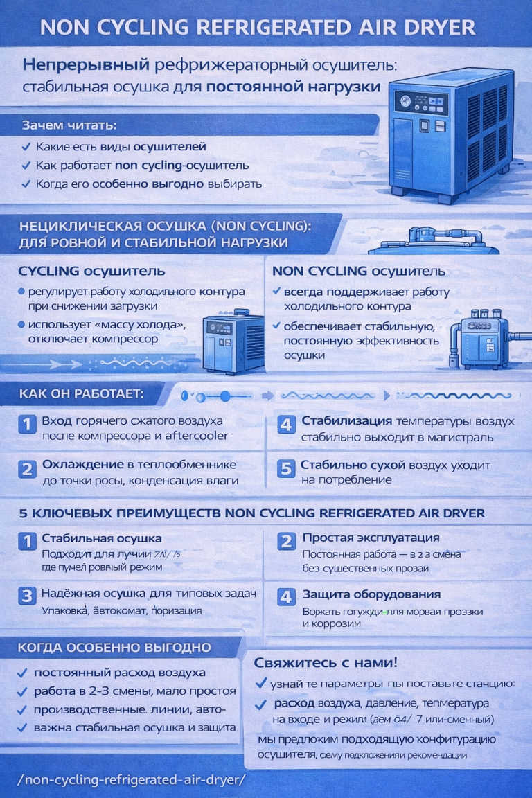 Инфографика «Non Cycling Refrigerated Air Dryer»: объясняет, чем нециклический рефрижераторный осушитель отличается от cycling-модели, показывает принцип работы (вход горячего сжатого воздуха после компрессора и aftercooler → охлаждение и конденсация → стабилизация температуры → сухой воздух в магистраль), перечисляет ключевые преимущества (стабильная осушка, простая эксплуатация, надёжность, защита оборудования) и случаи, когда он особенно выгоден при постоянной нагрузке.