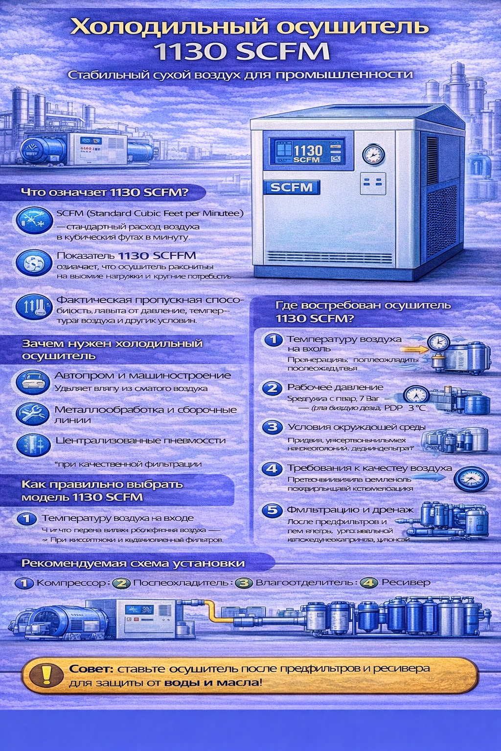 Инфографика «Холодильный осушитель 1130 SCFM»: объясняет значение показателя 1130 SCFM, зачем осушитель нужен для удаления влаги и защиты пневмосистемы, где применяется на производстве, ключевые критерии выбора (температура на входе, рабочее давление, условия среды, требования к качеству воздуха, фильтрация и дренаж) и рекомендуемую схему установки: компрессор → послеохладитель → влагоотделитель → ресивер → предфильтры → осушитель → послефильтр → потребители.