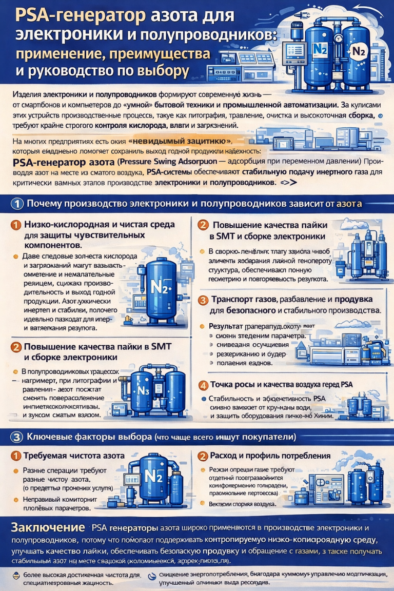 Инфографика о PSA-генераторах азота для электроники и полупроводников: создание низкооксигенной среды, улучшение качества пайки SMT, безопасная продувка и работа с газами; ключевые преимущества и таблица подбора по применению, чистоте и давлению.