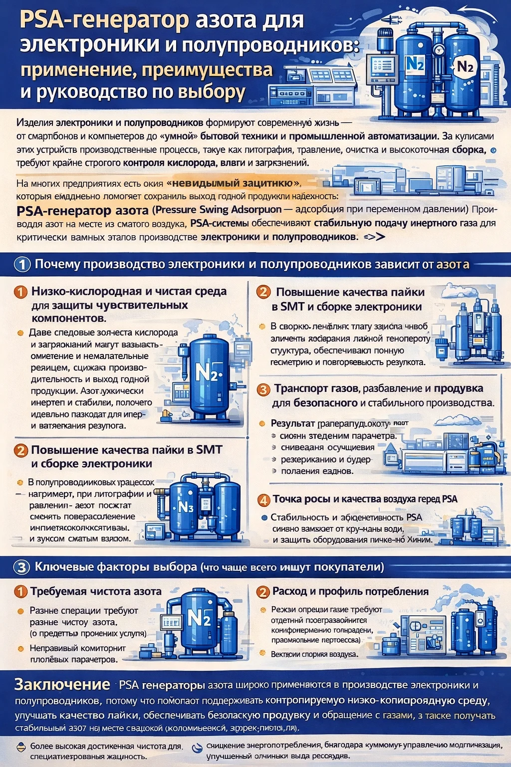 Инфографика о PSA-генераторах азота для электроники и полупроводников: создание низкооксигенной среды, улучшение качества пайки SMT, безопасная продувка и работа с газами; ключевые преимущества и таблица подбора по применению, чистоте и давлению.