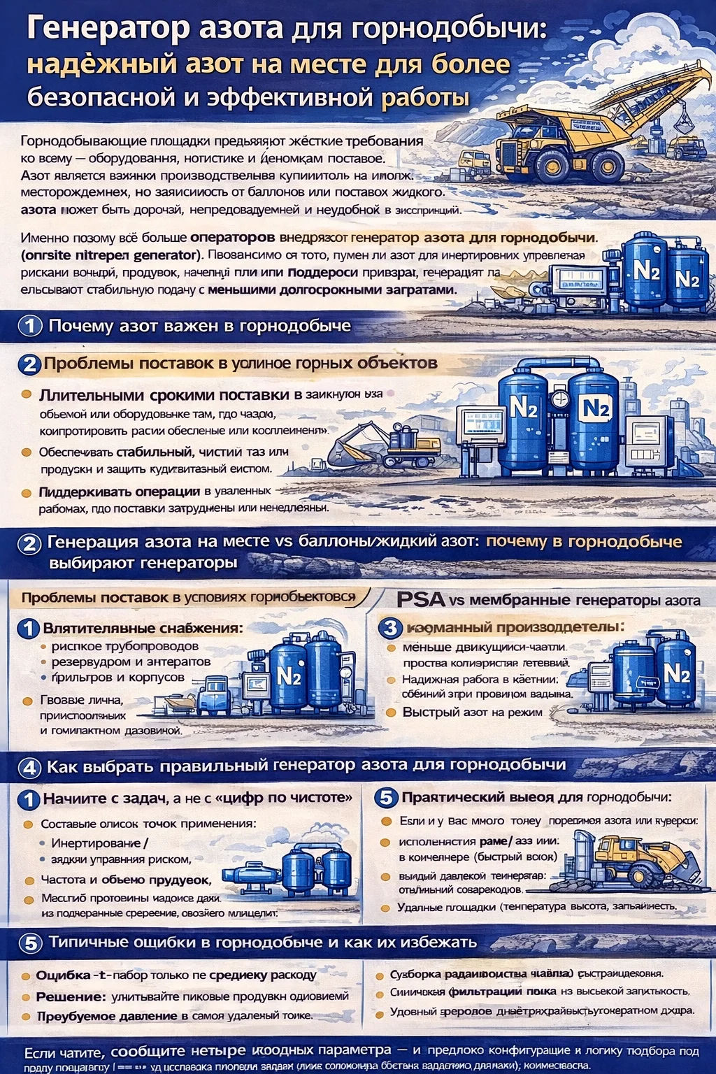 Инфографика о генераторах азота для горнодобывающей отрасли: применения (инертирование, продувка, пожарная безопасность, накачка шин, поддержка КИП), преимущества азота на месте (безопаснее, стабильная подача, ниже стоимость) и чек-лист выбора по чистоте, расходу, логистике и качеству входящего сжатого воздуха.