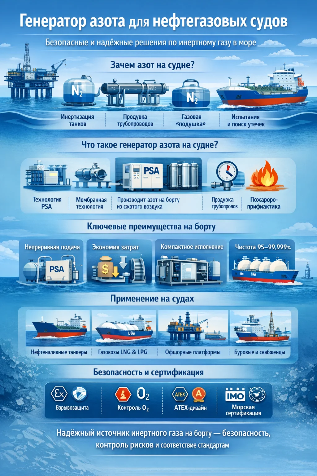 Инфографика о генераторе азота для нефтегазовых судов, демонстрирующая производство азота на борту, инертирование резервуаров, продувку трубопроводов и преимущества безопасной подачи инертного газа.