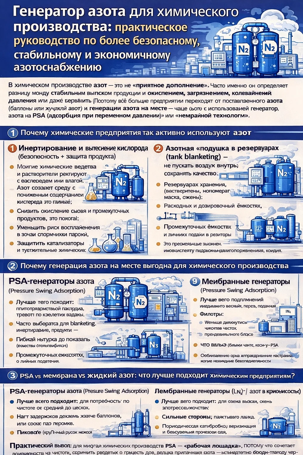 Инфографика о генераторах азота для химического производства: основные применения (инертирование, азотное “покрытие” резервуаров, продувка, перекачка), сравнение PSA и мембранных систем, преимущества (безопасность, стабильная подача, снижение затрат) и чек-лист выбора по чистоте, расходу, давлению, качеству сжатого воздуха и буферной ёмкости.