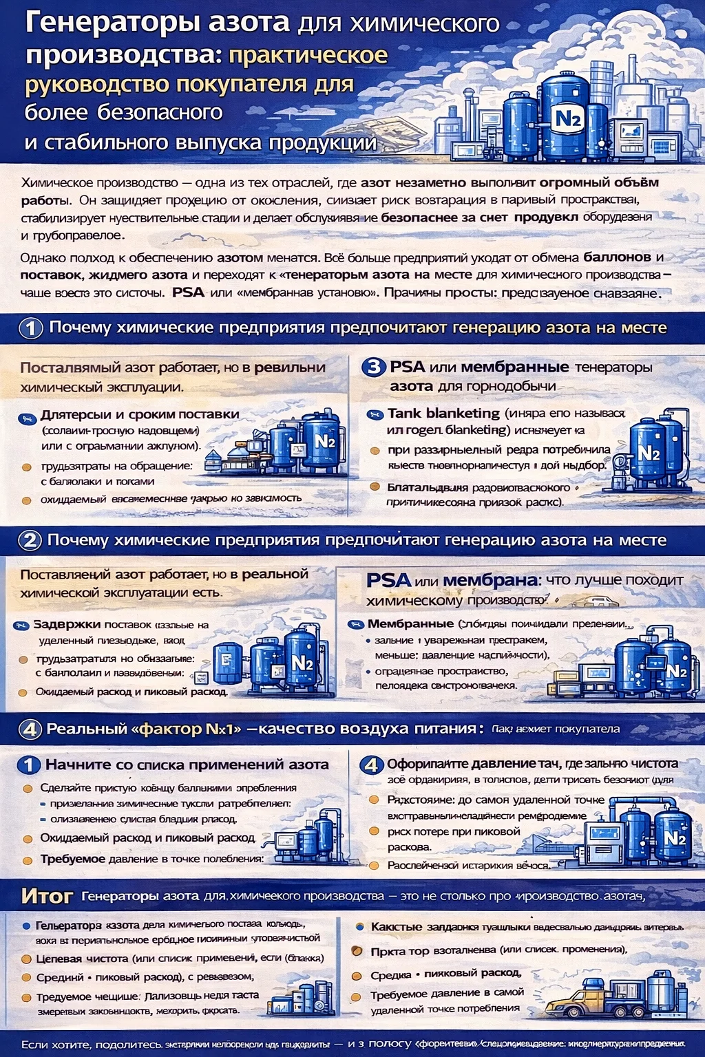 Инфографика о генераторах азота для химического производства: где используется азот (инертирование, азотная подушка в резервуарах, продувка), сравнение PSA и мембранных систем, преимущества азота на месте и чек-лист выбора по чистоте, расходу, буферной ёмкости, качеству входящего воздуха и мониторингу.