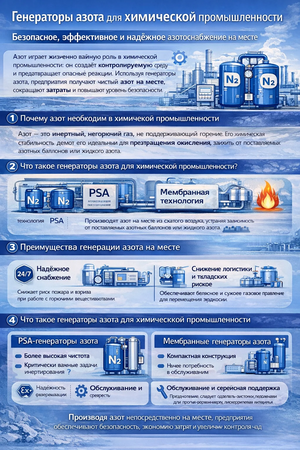 Инфографика о генераторах азота для химической промышленности, демонстрирующая инертирование резервуаров, азотное покрытие, продувку трубопроводов и преимущества производства азота на месте.