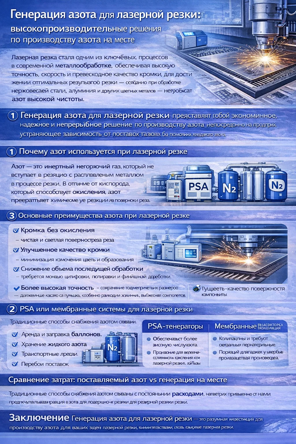 Инфографика о генерации азота для лазерной резки, демонстрирующая резку без окисления, подачу азота высокой чистоты, технологию PSA и преимущества снижения затрат.