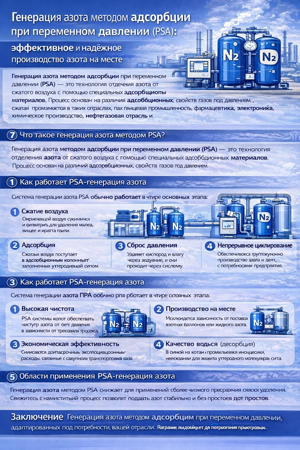 Инфографика о технологии получения азота методом Pressure Swing Adsorption (PSA), демонстрирующая этапы процесса, высокую чистоту азота и промышленные применения.