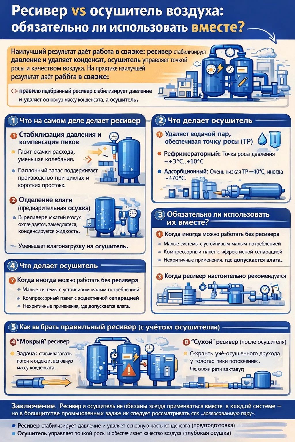Инфографика о том, нужен ли ресивер вместе с осушителем: ключевые преимущества (стабилизация давления и отделение основной влаги), рекомендуемые схемы (мокрый ресивер до осушителя, сухой после) и простые рекомендации по подбору объёма.