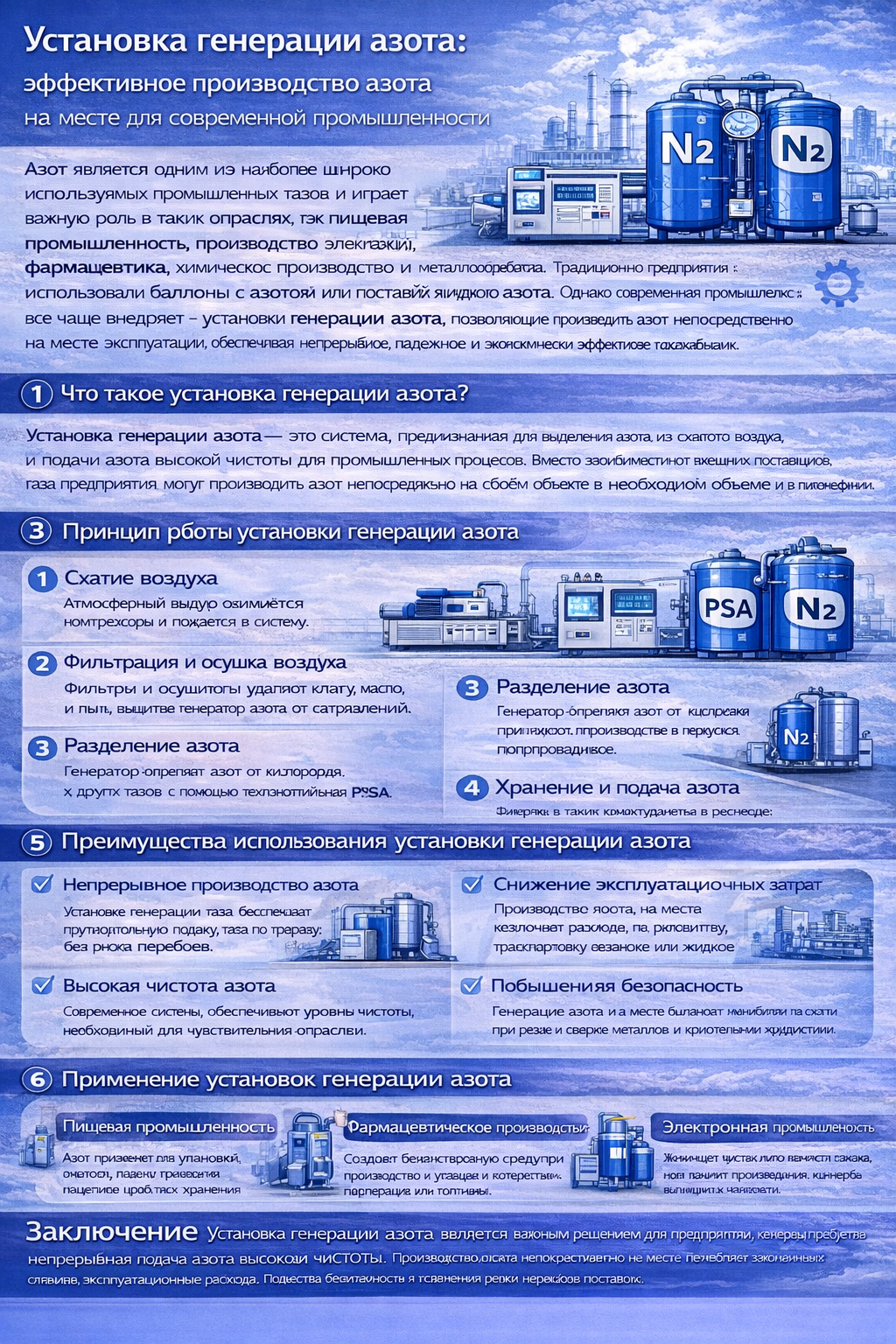 Инфографика о системе nitrogen generation unit, принципе работы генератора азота PSA и промышленном применении азота.